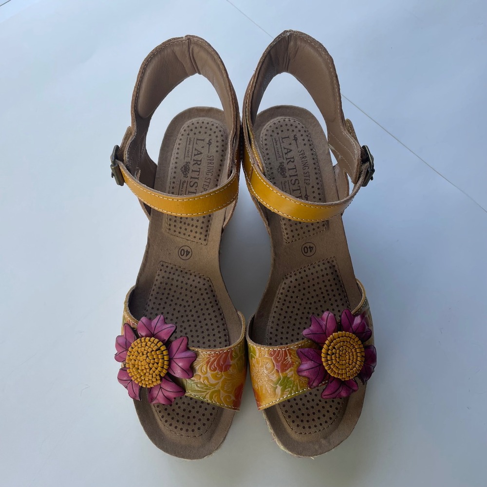 L'ATISTE Yellow Floral Leather Wedge Sandals with Pink Flower Accent - Picture 4 of 12